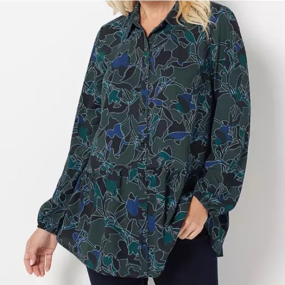 NWOT Logo by Lori Goldstein Floral Button Down Blouse Green/Blue Size Medium